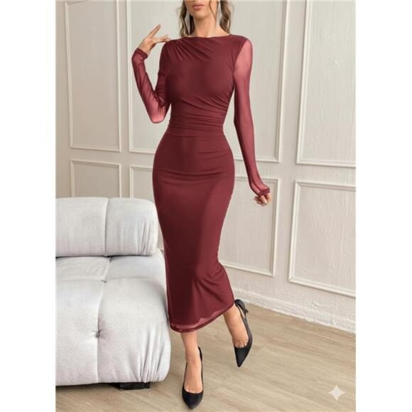 Women's Long Sleeve Dress Elegant Classy wine Red - Picture 6 of 7